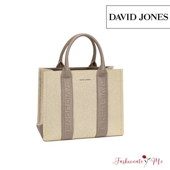 David Jones Contrast Leather Handles Zipper Closure Canvas Tote Handbag | Beige - Picture 1 of 6